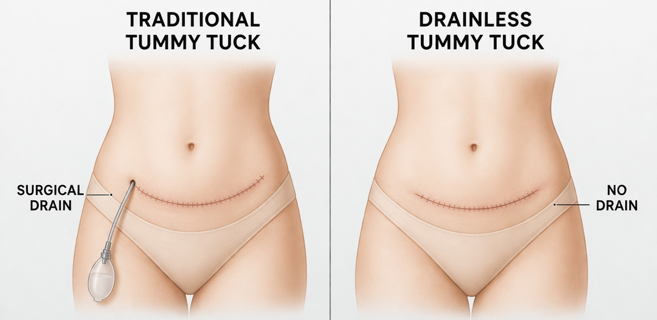 Illustration comparing traditional tummy tuck with drains vs. drainless technique – shows a surgical drain on one side and clean incision area on the other